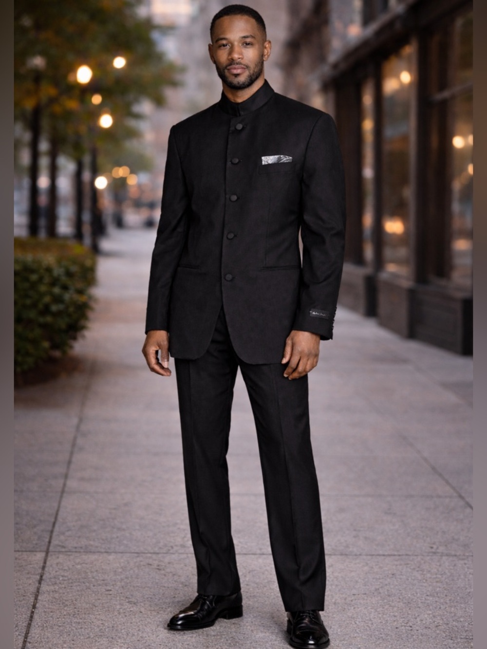 Fortino Landi Men’s Black Mandarin Collar Suit Jacket & Pants Set 38R 32W NWT